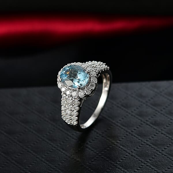 Certified AAA Santa Maria Aquamarine Diamond Ring In 10K White Gold 2.71 Ctw