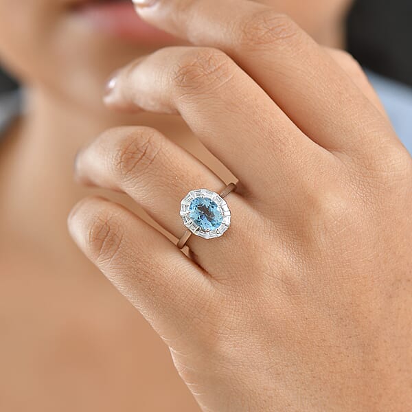 Certified AAA Santa Maria Aquamarine Lab Grown Diamond Ring In 10K White Gold 1.93 Ctw