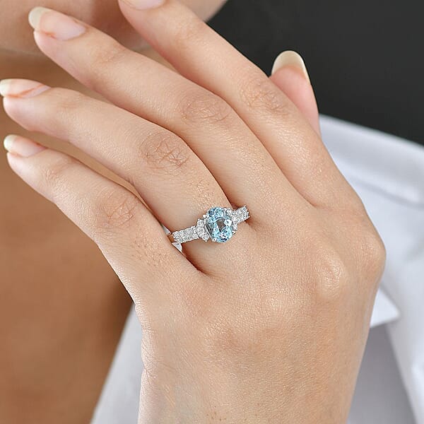 Certified AAA Santa Maria Aquamarine Lab Grown Diamond (G-H SI) Ring In 10K White Gold 1.94 Ctw