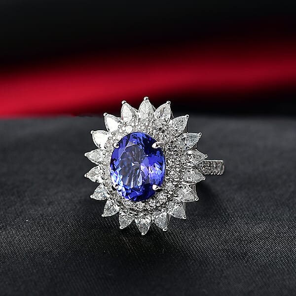 Certified AAA Tanzanite Diamond G-H SI Floral Ring In 10K White Gold 6.36 Ctw