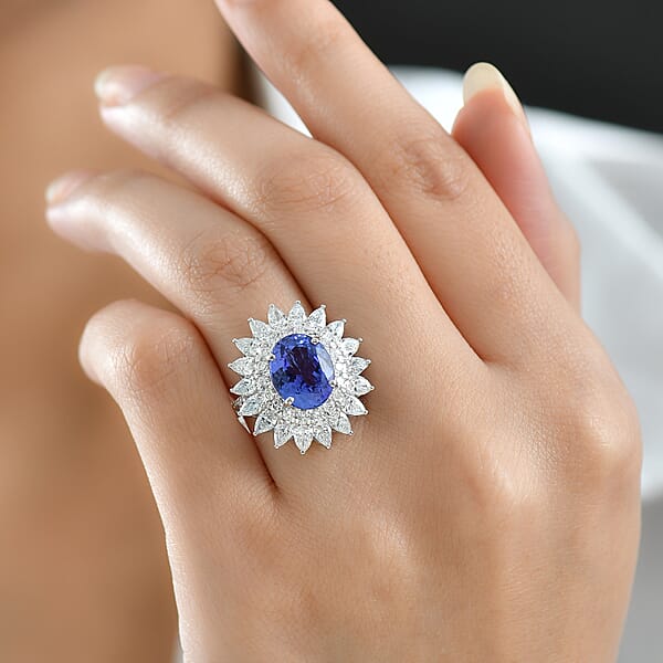 Certified AAA Tanzanite Diamond G-H SI Floral Ring In 10K White Gold 6.36 Ctw