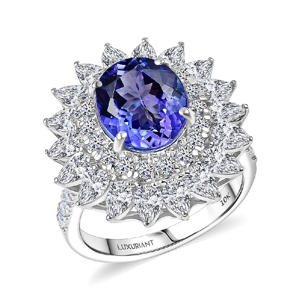 Certified AAA Tanzanite Diamond G-H SI Floral Ring in 10K White Gold 6.36 ctw