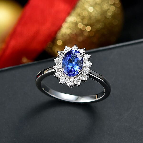 Certified AAA Tanzanite Lab Grown Diamond Halo Ring In 10K White Gold 1.40 Ctw