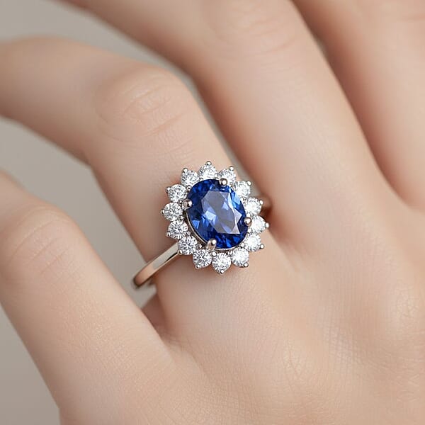 Certified AAA Tanzanite Lab Grown Diamond Halo Ring In 10K White Gold 1.40 Ctw