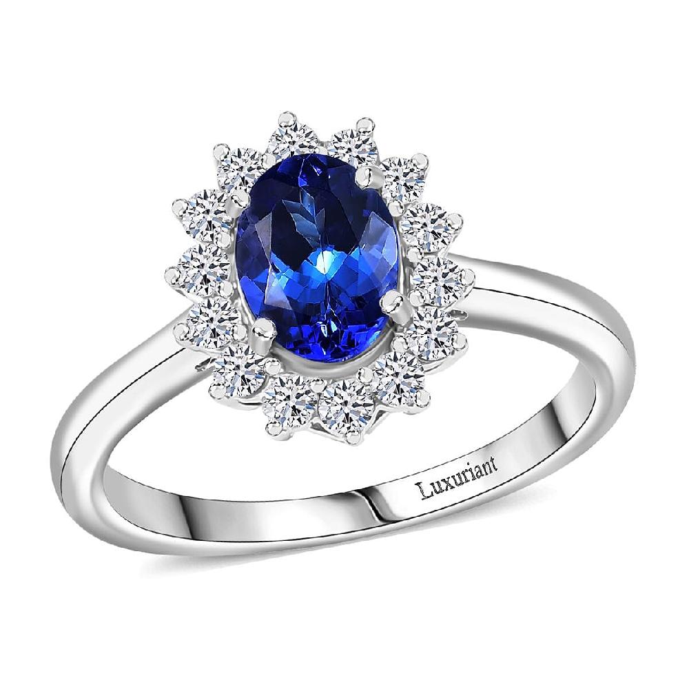 Certified AAA Tanzanite Lab Grown Diamond Halo Ring in 10K White Gold 1.40 ctw