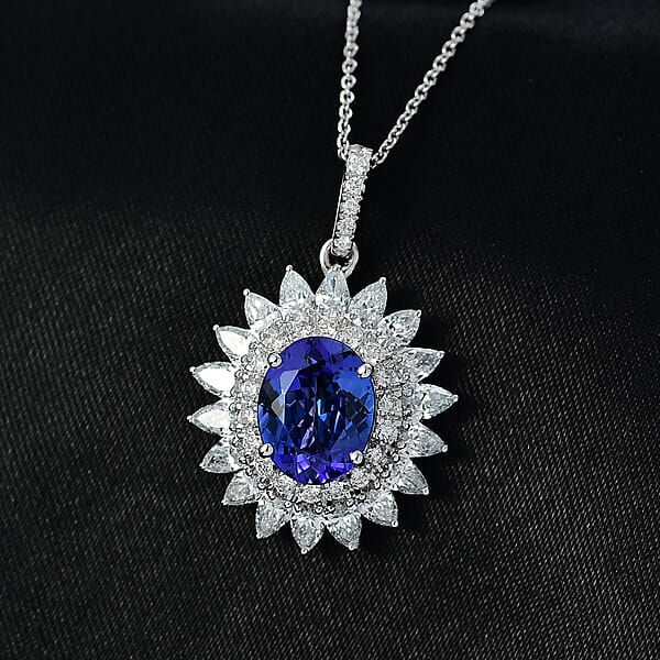 Certified AAAA Tanzanite Lab Grown Diamond Blooming Floral Pendant Necklace In 950 Platinum 6.20 Ctw (20 Inches)