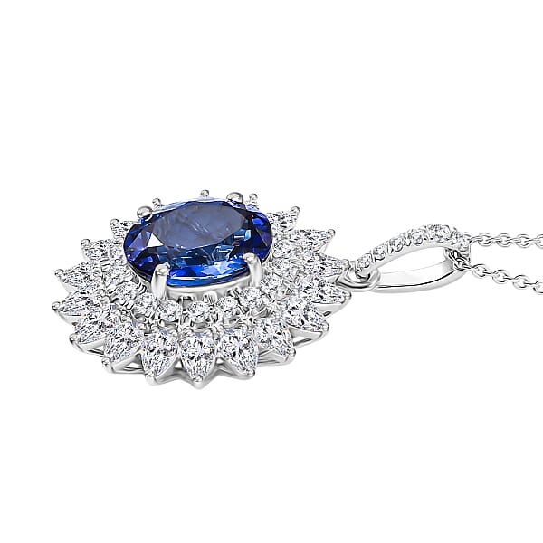Certified AAAA Tanzanite Lab Grown Diamond Blooming Floral Pendant Necklace In 950 Platinum 6.20 Ctw (20 Inches)