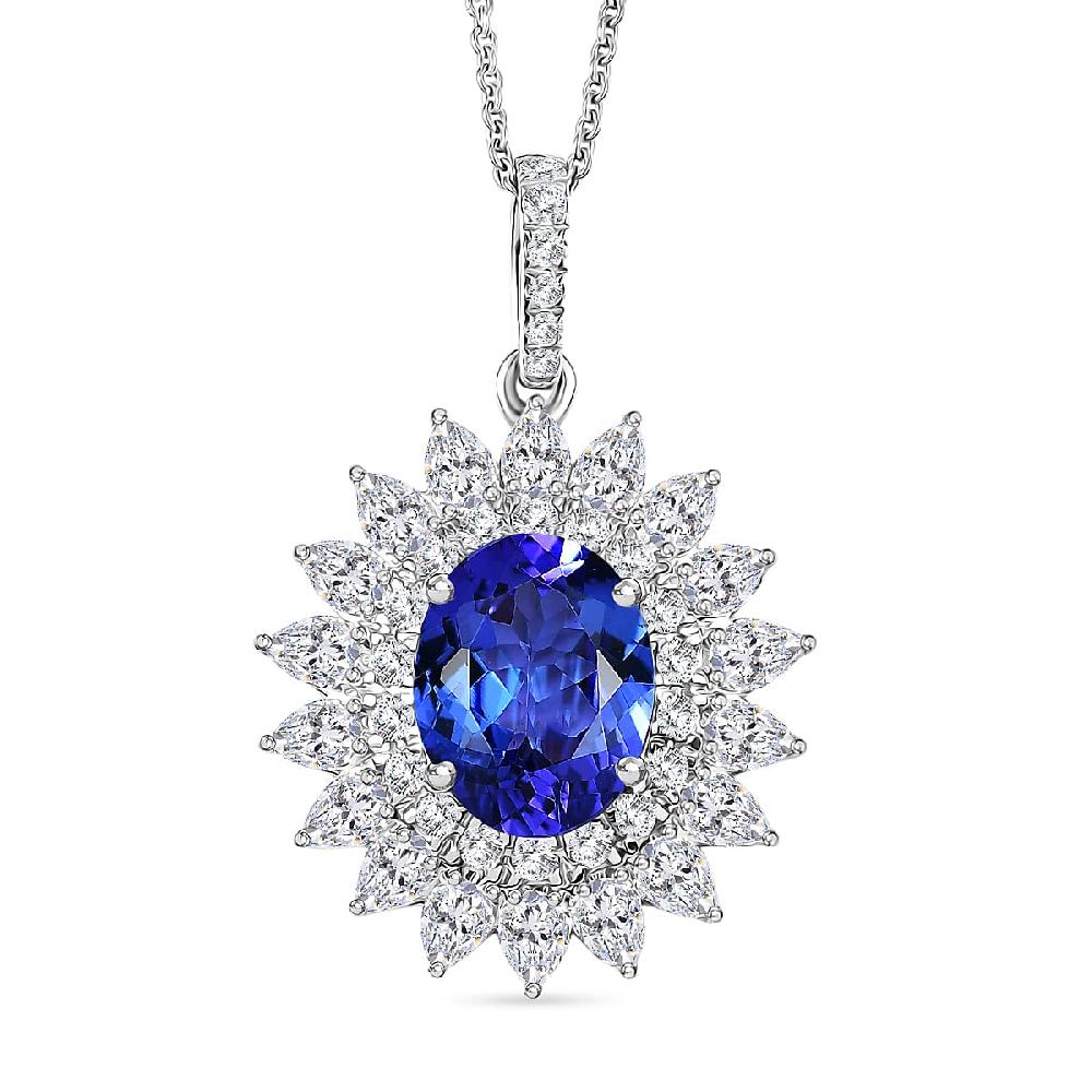 Certified AAAA Tanzanite Lab Grown Diamond Blooming Floral Pendant Necklace in 950 Platinum 6.20 ctw (20 Inches)