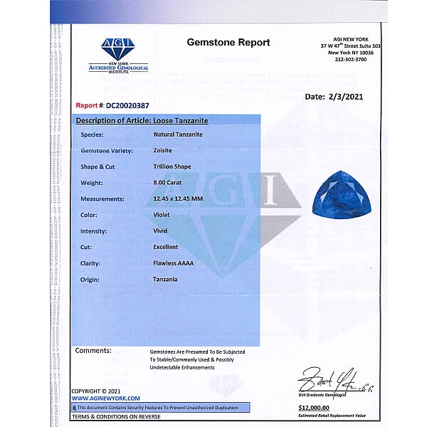 Certified AAAA VIVID Tanzanite (Trl Free Size) Approx 8.00 Ctw