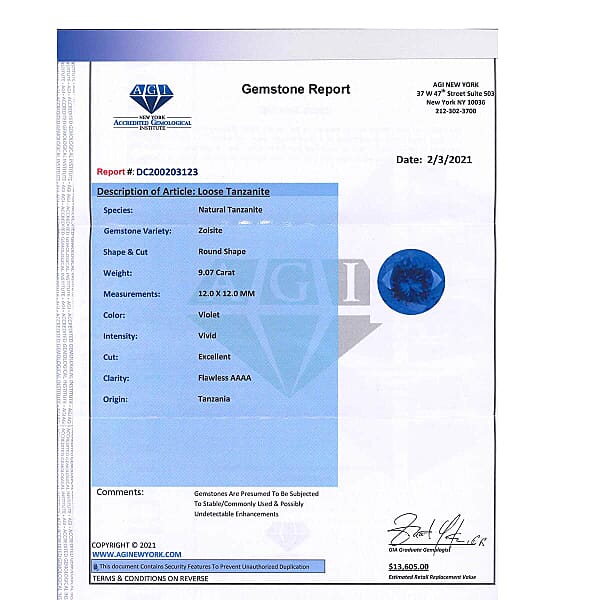 Certified And Appraised AAAA Vivid Tanzanite (Rnd Free Size) 9.00 Ctw