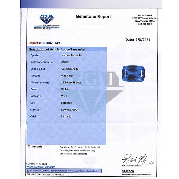 Certified And Appraised Flawless AAAA Tanzanite (Cush Free Size) 6.00 Ctw