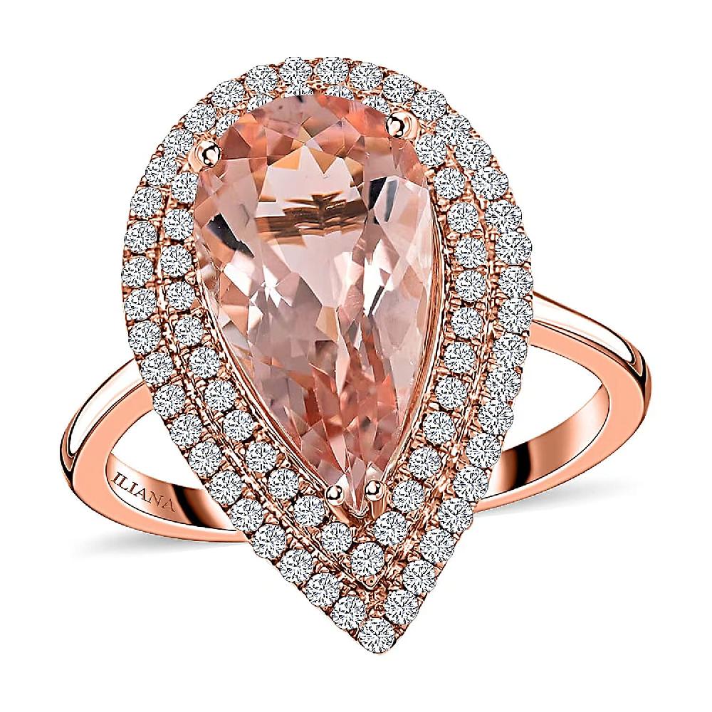 Certified and Appraised Iliana 18K Rose Gold AAA Marropino Morganite and G-H SI Diamond Double Halo Ring 4.68 Grams 3.80 ctw