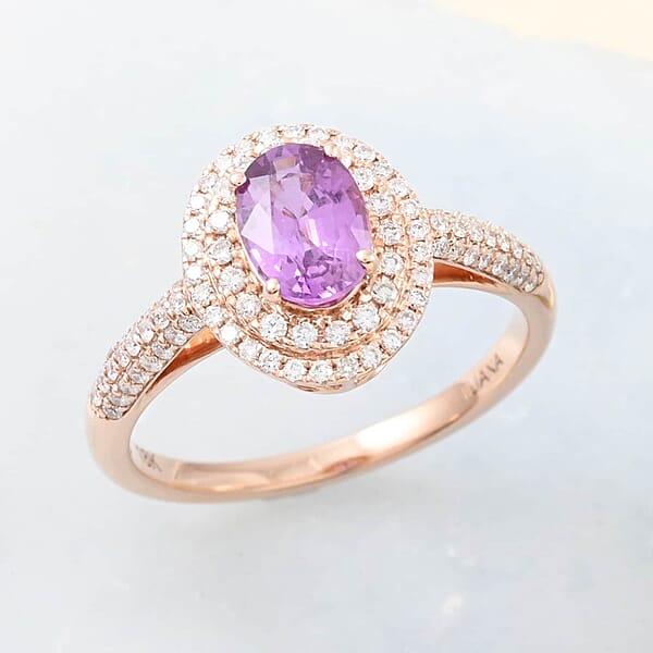 Certified And Appraised Iliana AAA Madagascar Purple Sapphire And G-H SI Diamond 1.40 Ctw Double Halo Ring In 18K Rose Gold