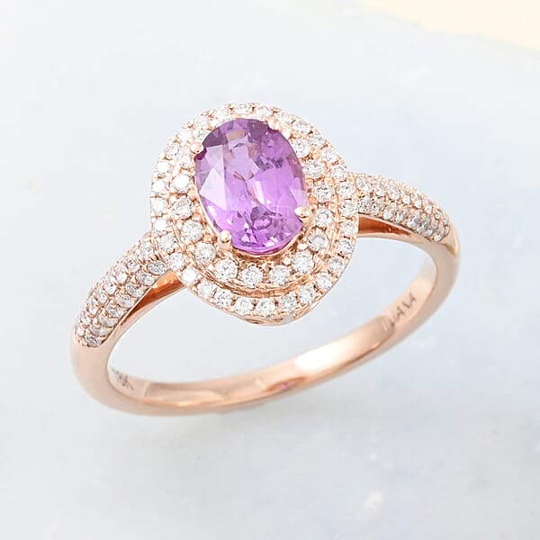 Certified And Appraised Iliana AAA Madagascar Purple Sapphire And G-H SI Diamond 1.40 Ctw Double Halo Ring In 18K Rose Gold
