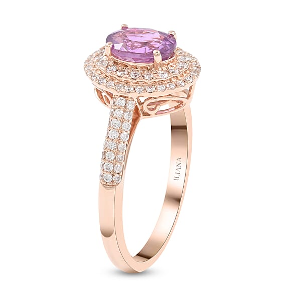 Certified And Appraised Iliana AAA Madagascar Purple Sapphire And G-H SI Diamond 1.40 Ctw Double Halo Ring In 18K Rose Gold