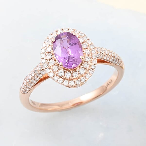 Certified And Appraised Iliana AAA Madagascar Purple Sapphire And G-H SI Diamond 1.40 Ctw Double Halo Ring In 18K Rose Gold