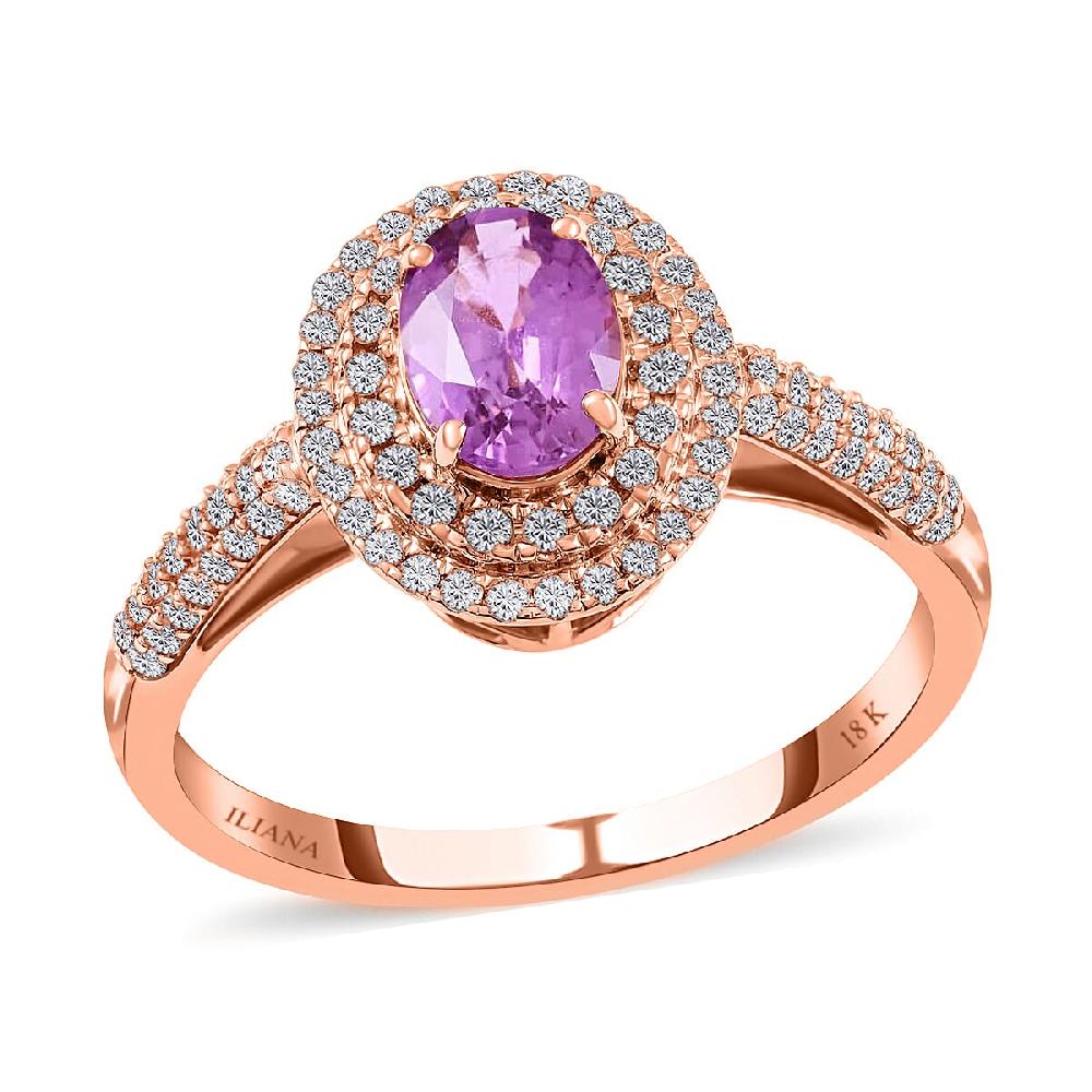 Certified and Appraised Iliana AAA Madagascar Purple Sapphire and G-H SI Diamond 1.40 ctw Double Halo Ring in 18K Rose Gold