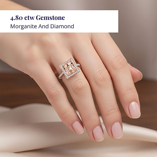 Certified And Appraised Luxoro 14K Rose Gold AAA Marropino Morganite And G-H I2 Diamond Halo Ring 4.35 Grams 4.80 Ctw