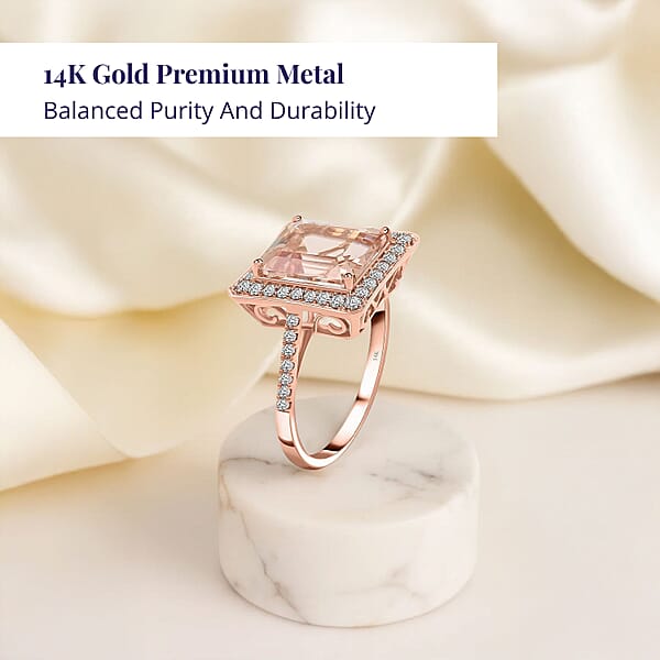 Certified And Appraised Luxoro 14K Rose Gold AAA Marropino Morganite And G-H I2 Diamond Halo Ring 4.35 Grams 4.80 Ctw