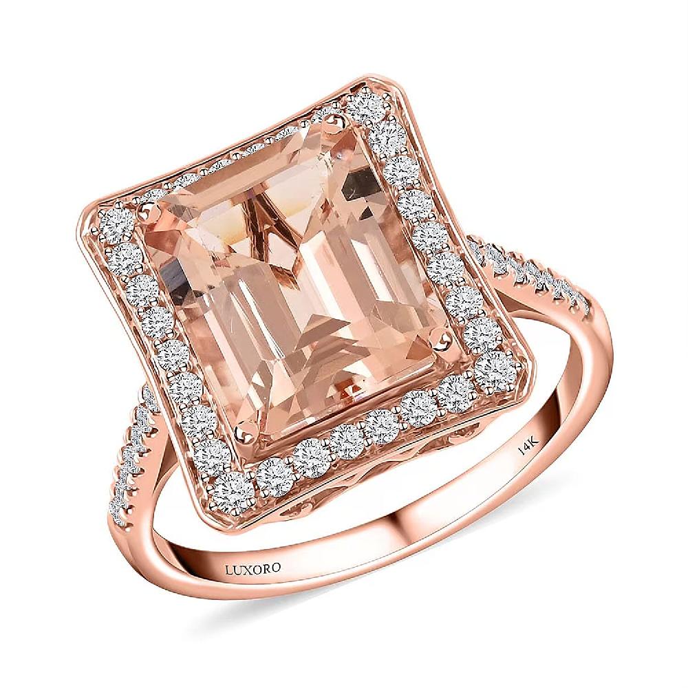 Certified and Appraised Luxoro 14K Rose Gold AAA Marropino Morganite and G-H I2 Diamond Halo Ring 4.35 Grams 4.80 ctw