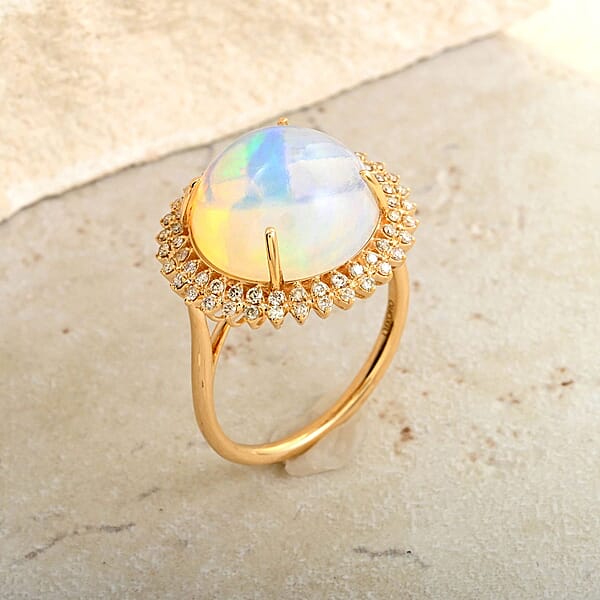 Certified And Appraised Luxoro AAA Ethiopian Welo Opal And G-H I2 Diamond 8.10 Ctw Ring In 14K Yellow Gold 5.10 Grams