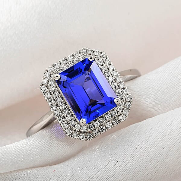 Certified And Appraised Rhapsody 950 Platinum AAAA Tanzanite And E-F VS Diamond Double Halo Ring 6.15 Grams 3.00 Ctw (Del. In 10-15 Days)