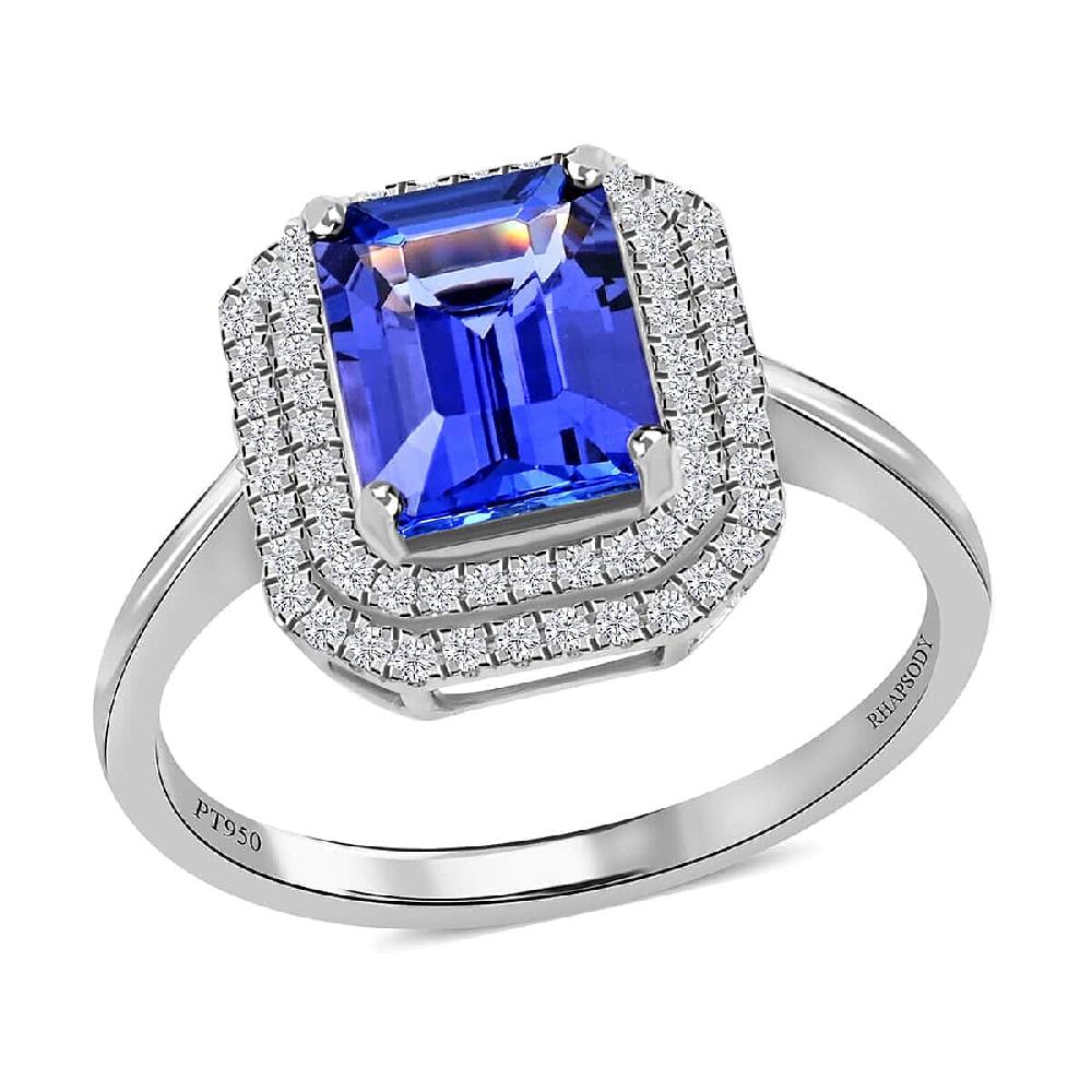 Certified and Appraised Rhapsody 950 Platinum AAAA Tanzanite and E-F VS Diamond Double Halo Ring 6.15 Grams 3.00 ctw (Del. in 10-15 Days)
