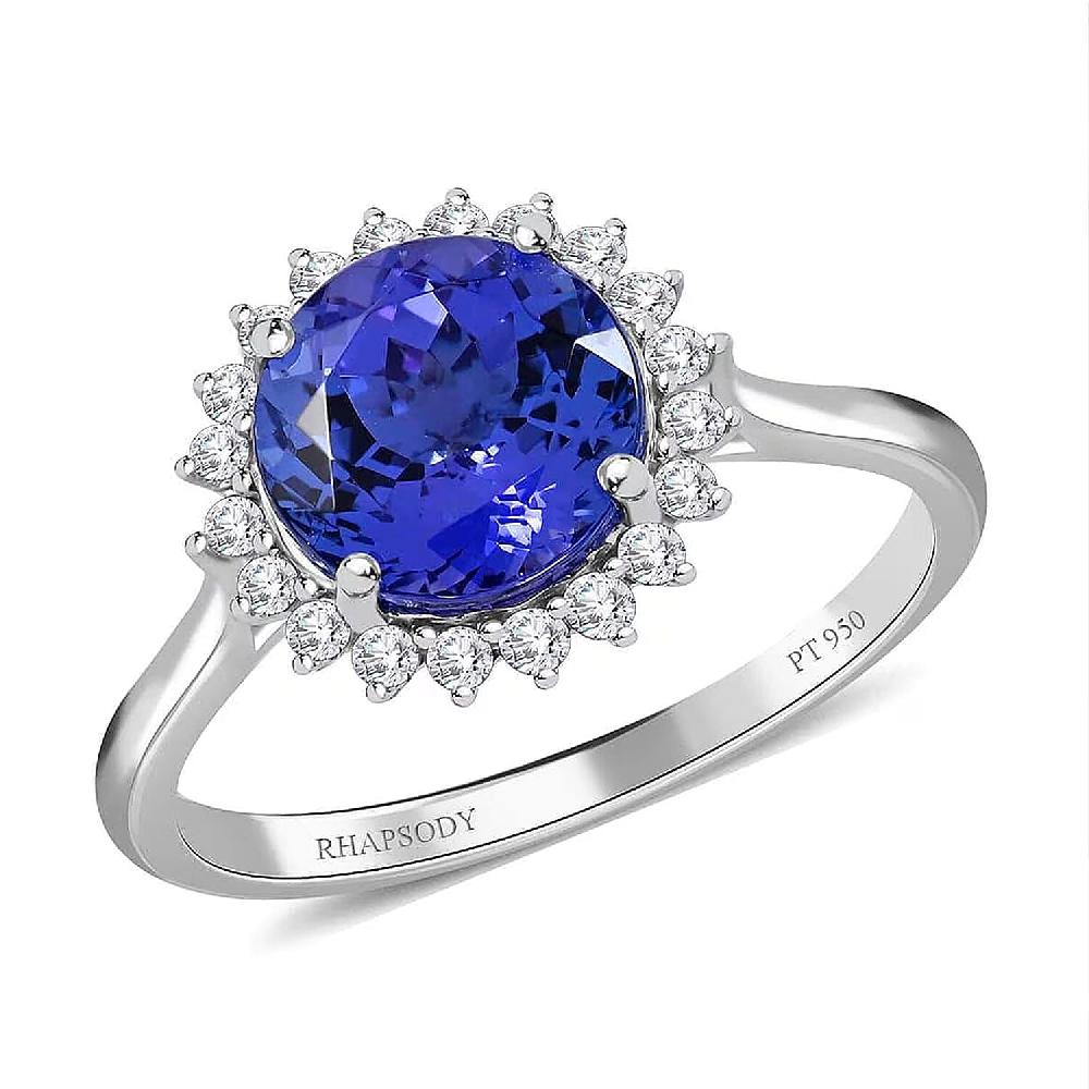 Certified and Appraised Rhapsody 950 Platinum AAAA Tanzanite and E-F VS Diamond 3.30 ctw Sunburst Ring 5.40 Grams