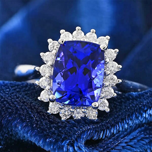 Certified And Appraised Rhapsody 950 Platinum AAAA Tanzanite And E-F VS Diamond Halo Ring 5.58 Grams 2.55 Ctw (Del. In 10-15 Days)