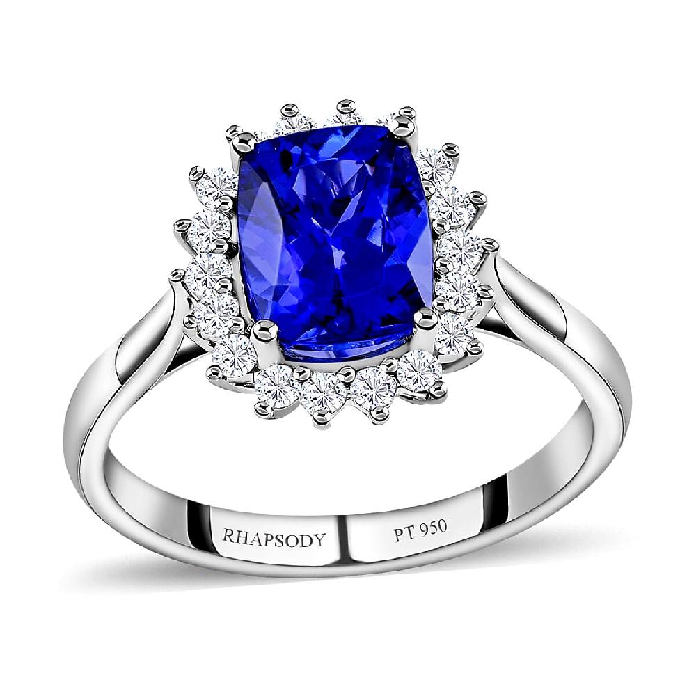 Certified and Appraised Rhapsody 950 Platinum AAAA Tanzanite and E-F VS Diamond Halo Ring 5.58 Grams 2.55 ctw (Del. in 10-15 Days)