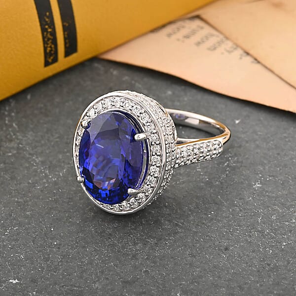 Certified And Appraised Rhapsody 950 Platinum AAAA Tanzanite And E-F VS Diamond Halo Ring 12.45 Grams 11.30 Ctw
