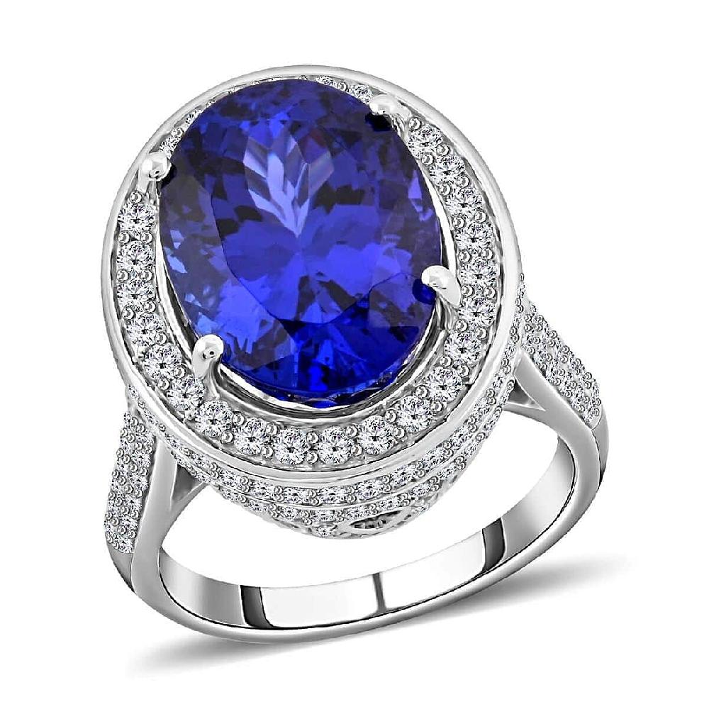 Certified and Appraised Rhapsody 950 Platinum AAAA Tanzanite and E-F VS Diamond Halo Ring 12.45 Grams 11.30 ctw