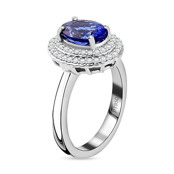 Certified And Appraised Rhapsody 950 Platinum AAAA Tanzanite And E-F VS2 Diamond Double Halo Ring 7 Grams 2.50 Ctw