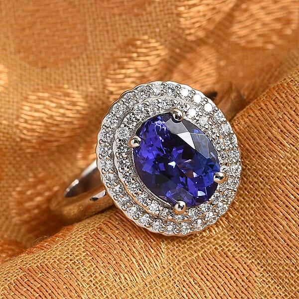 Certified And Appraised Rhapsody 950 Platinum AAAA Tanzanite And E-F VS2 Diamond Double Halo Ring 7 Grams 2.50 Ctw