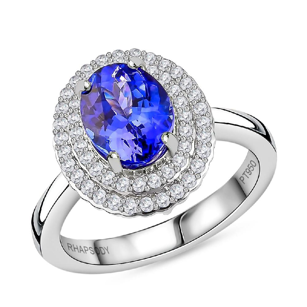 Certified and Appraised Rhapsody 950 Platinum AAAA Tanzanite and E-F VS2 Diamond Double Halo Ring 7 Grams 2.50 ctw