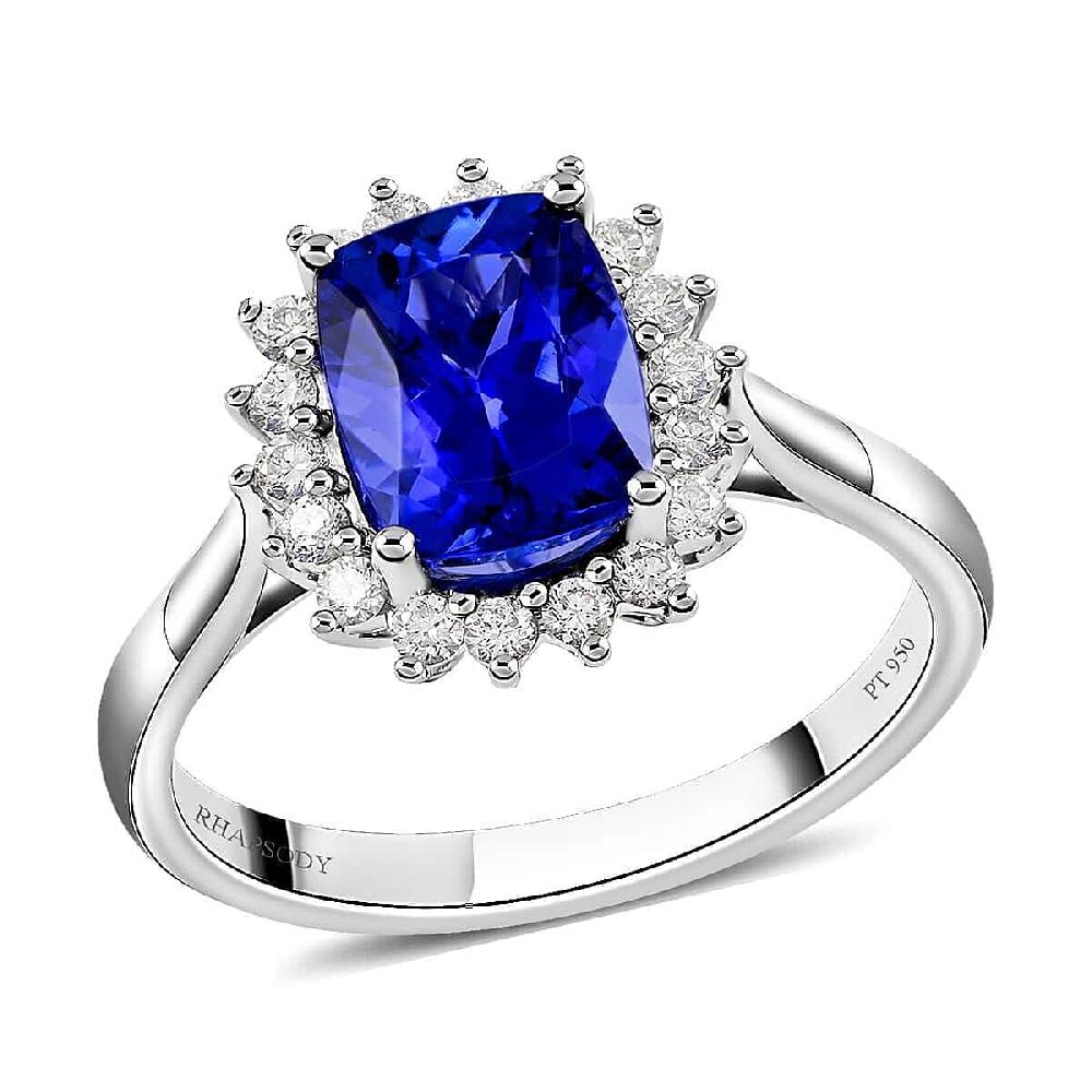 Certified and Appraised Rhapsody 950 Platinum AAAA Tanzanite and E-F VS Diamond Halo Ring 5.58 Grams 2.55 ctw