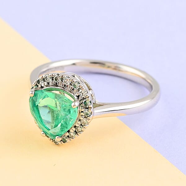 Certified And Appraised Rhapsody AAAA Boyaca Colombian Emerald And G-H SI Diamond 1.70 Ctw Ring In 950 Platinum