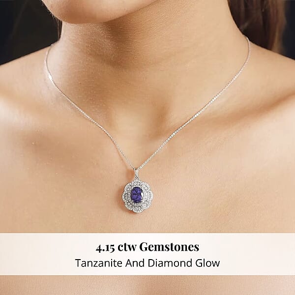 Certified And Appraised Rhapsody AAAA Tanzanite And E-F VS Diamond 4.15 Ctw Floral Pendant Without Chain In 950 Platinum