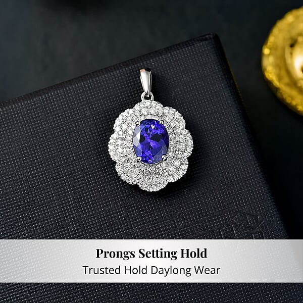 Certified And Appraised Rhapsody AAAA Tanzanite And E-F VS Diamond 4.15 Ctw Floral Pendant Without Chain In 950 Platinum