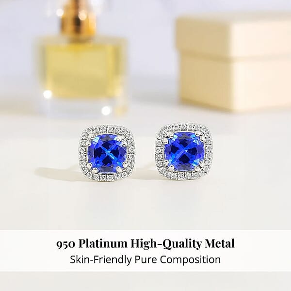 Certified And Appraised Rhapsody AAAA Tanzanite And E-F VS Diamond 2.35 Ctw Halo Stud Earrings In 950 Platinum 4.30 Grams