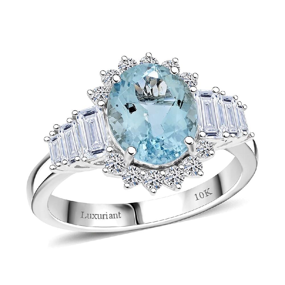 Certified & Appraised 10K White Gold AAA Mangoro Aquamarine Luxuriant Lab Grown Diamond (G-H SI) Ring (Del in 12 -15 Days) 3.47 ctw
