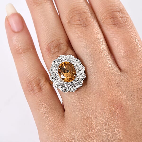 Certified & Appraised 10K Yellow Gold AAA Brazilian Heliodor Luxuriant Lab Grown Diamond (G-H SI) Ring 4.65 Ctw
