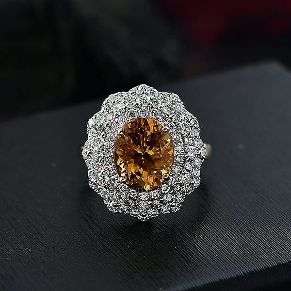 Certified & Appraised 10K Yellow Gold AAA Brazilian Heliodor Luxuriant Lab Grown Diamond (G-H SI) Ring 4.65 Ctw