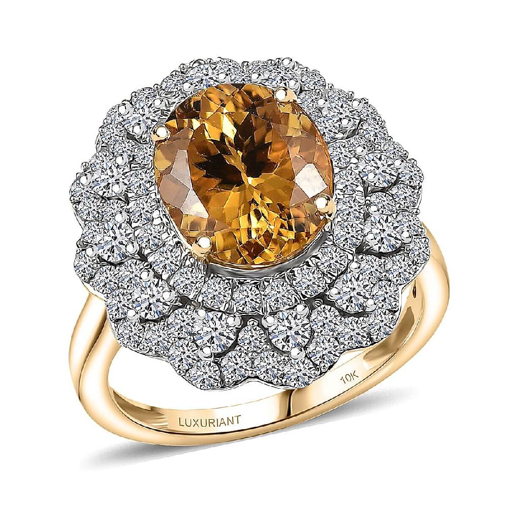 Certified & Appraised 10K Yellow Gold AAA Brazilian Heliodor Luxuriant Lab Grown Diamond (G-H SI) Ring 4.65 ctw