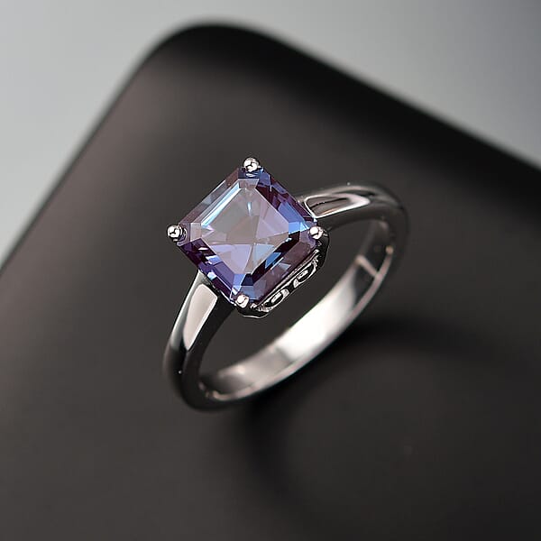 Certified & Appraised AAA Asscher Cut Luxuriant Lab Grown Alexandrite 2.95 Ctw Solitaire Ring In 10K White Gold