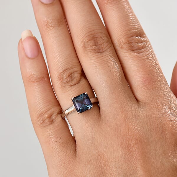 Certified & Appraised AAA Asscher Cut Luxuriant Lab Grown Alexandrite 2.95 Ctw Solitaire Ring In 10K White Gold