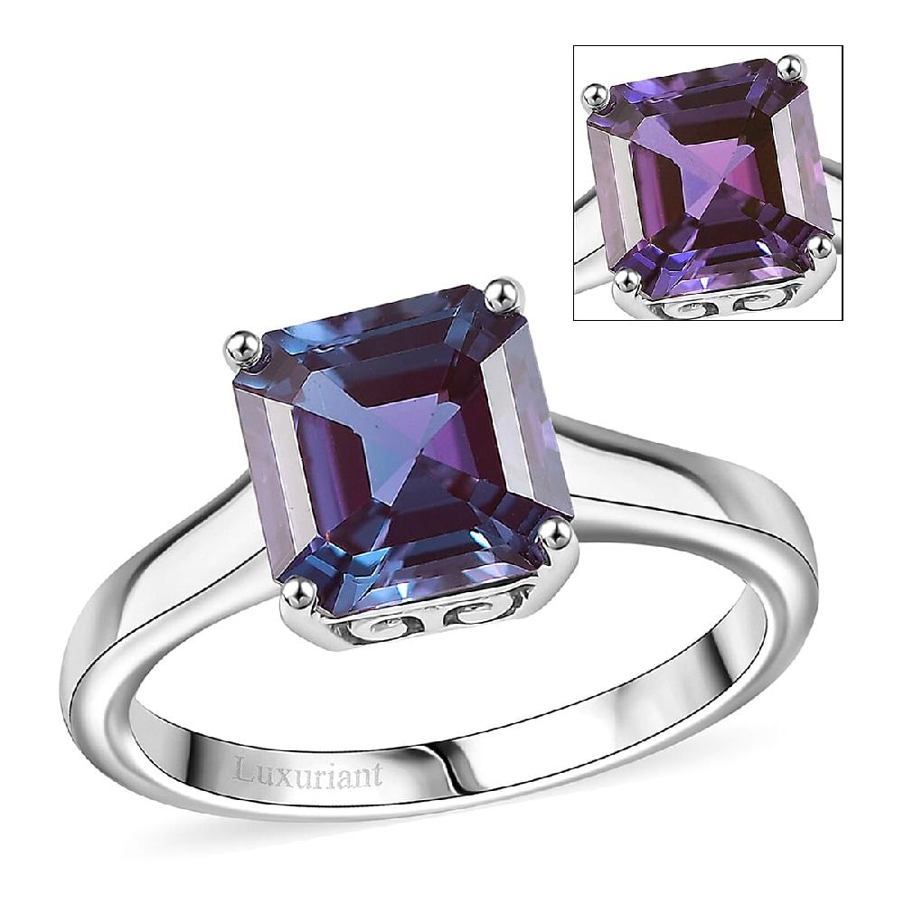 Certified & Appraised AAA Asscher Cut Luxuriant Lab Grown Alexandrite 2.95 Ctw Solitaire Ring In 10K White Gold