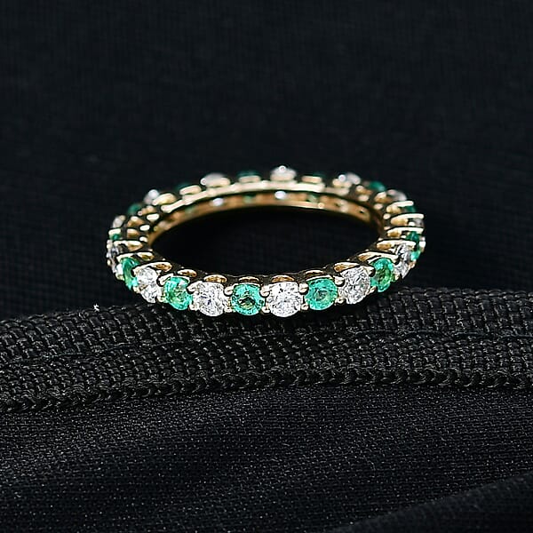 Certified & Appraised AAA Boyaca Colombian Emerald And Luxuriant Diamond G-H SI 1.55 Ctw Eternity Band Ring In 10K Yellow Gold