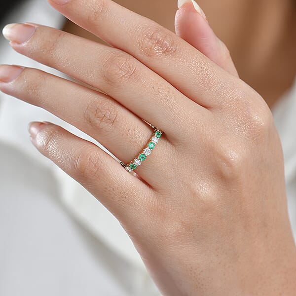 Certified & Appraised AAA Boyaca Colombian Emerald And Luxuriant Diamond G-H SI 1.55 Ctw Eternity Band Ring In 10K Yellow Gold