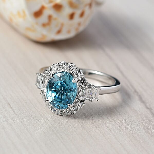 Certified & Appraised AAA Cambodian Blue Zircon And Luxuriant Lab Grown Diamond G-H SI 4.42 Ctw Ring In 10K White Gold
